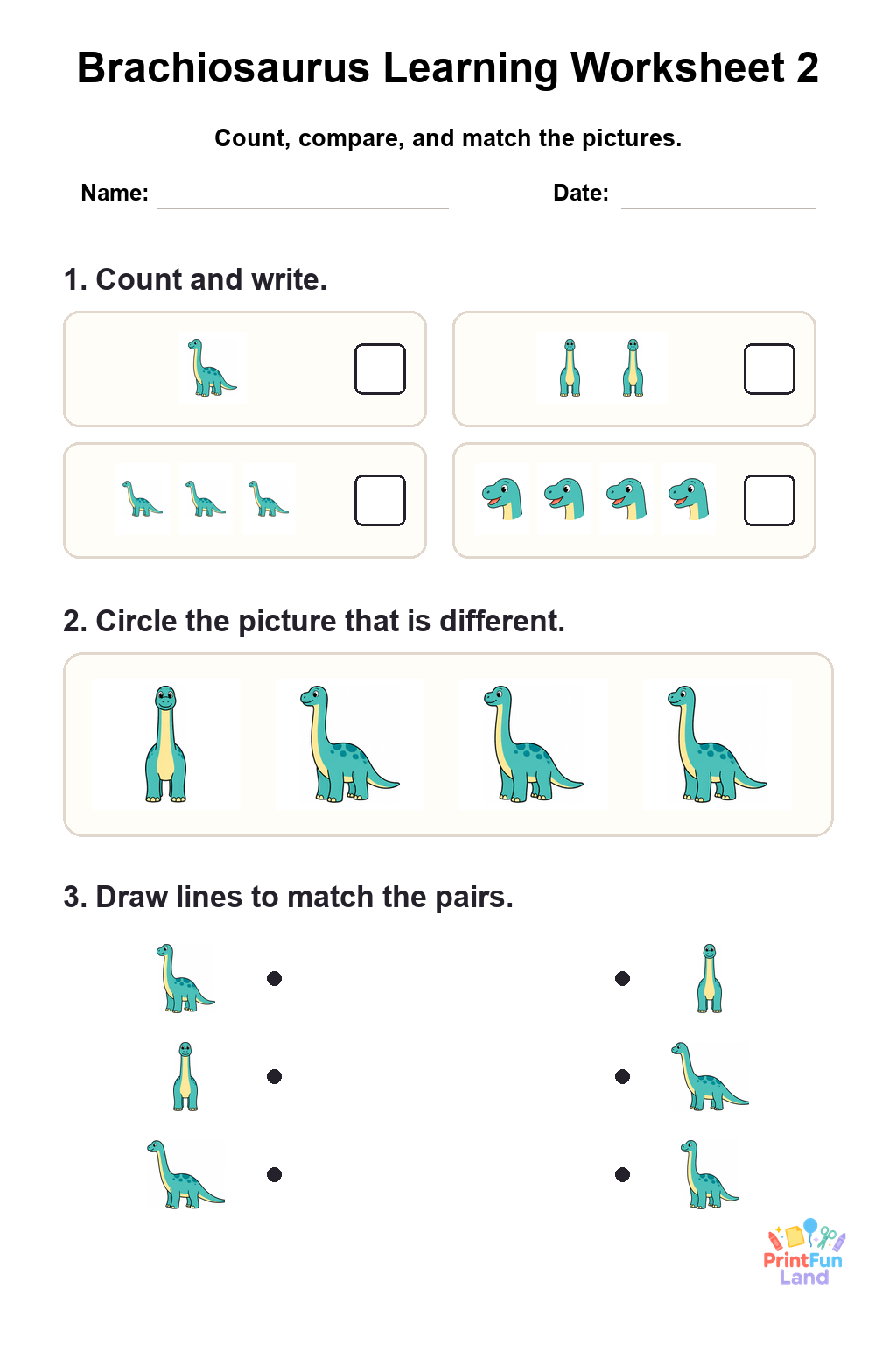 Brachiosaurus Worksheets for Preschoolers printable page 2