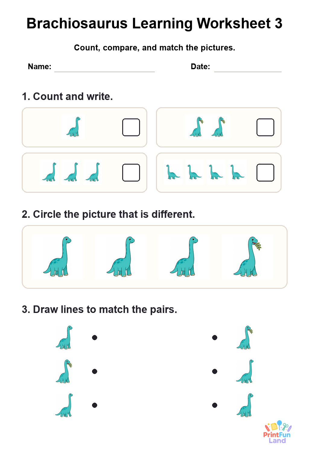 Brachiosaurus Worksheets for Preschoolers printable page 3