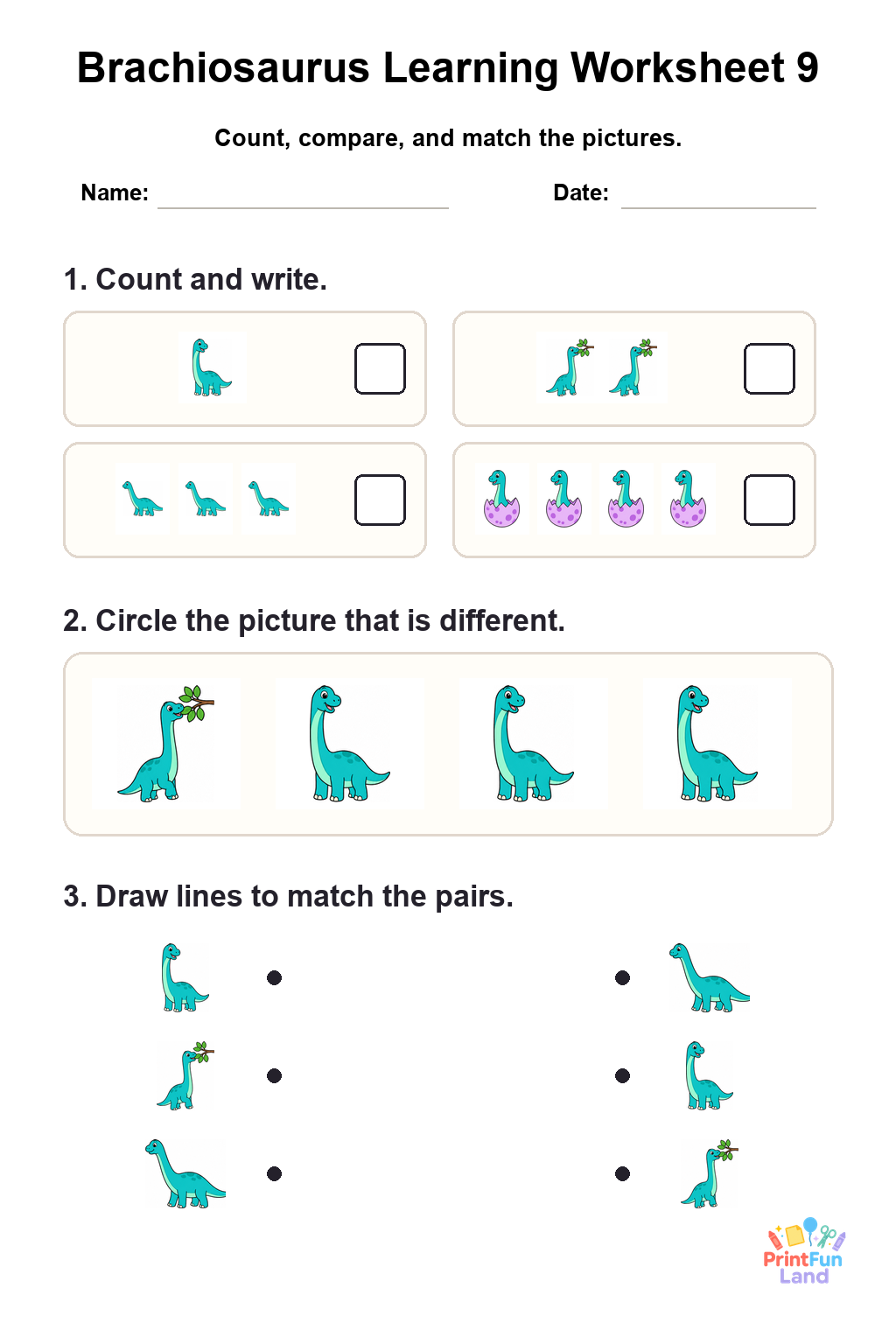 Brachiosaurus Worksheets for Preschoolers printable page 9