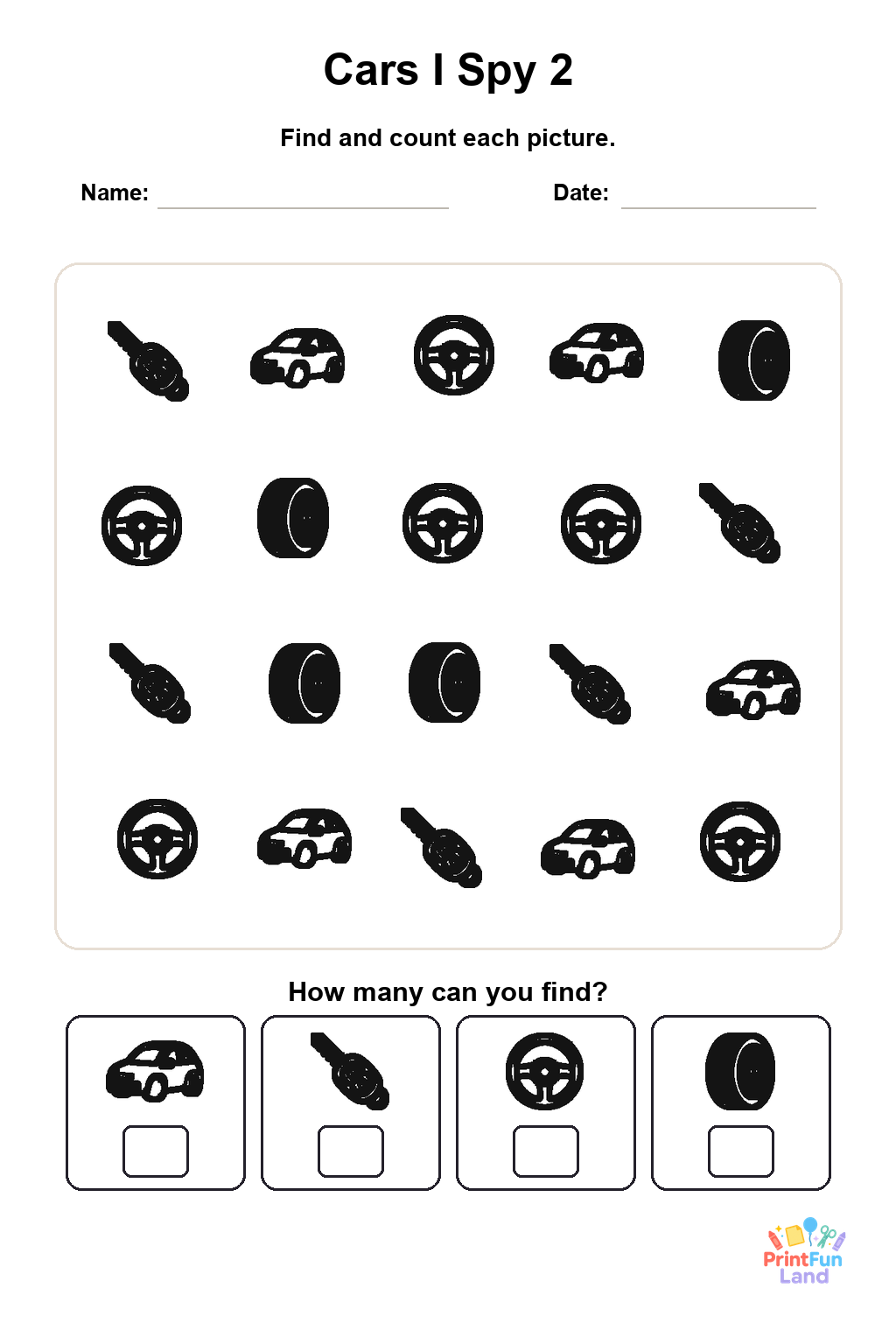 Cars I Spy for Preschoolers printable page 2