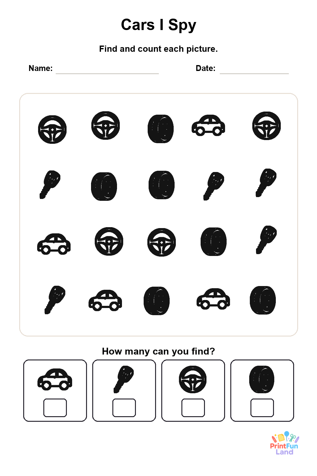 Cars I Spy for Preschoolers printable page 1