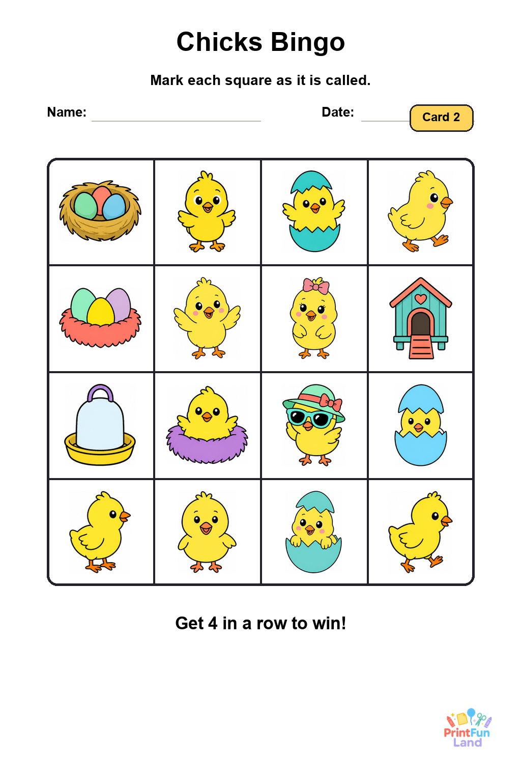 Chicks Bingo for Preschoolers printable page 2