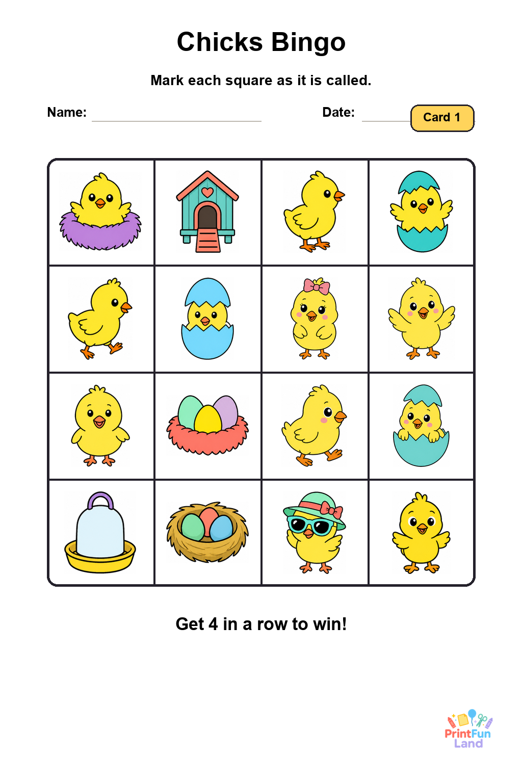 Chicks Bingo for Preschoolers printable page 1