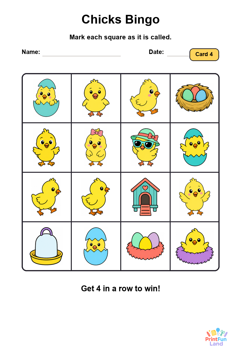 Chicks Bingo for Preschoolers printable page 4