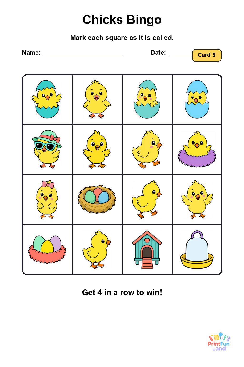 Chicks Bingo for Preschoolers printable page 5