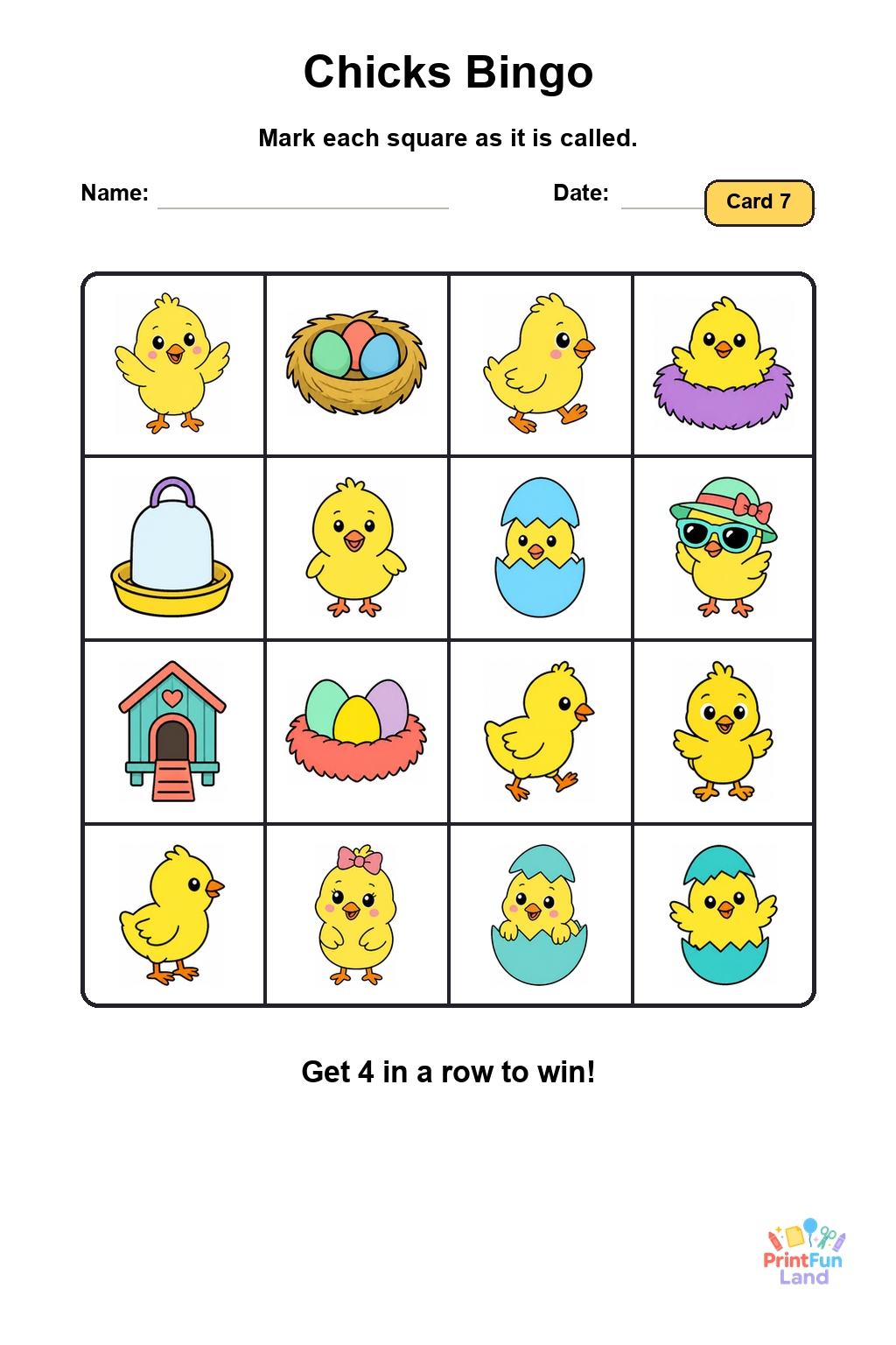Chicks Bingo for Preschoolers printable page 7