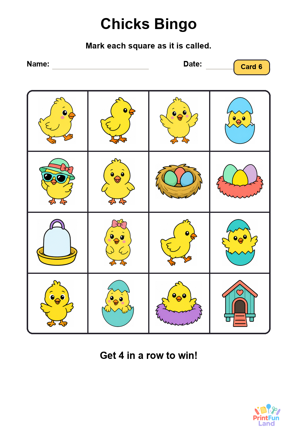 Chicks Bingo for Preschoolers printable page 6