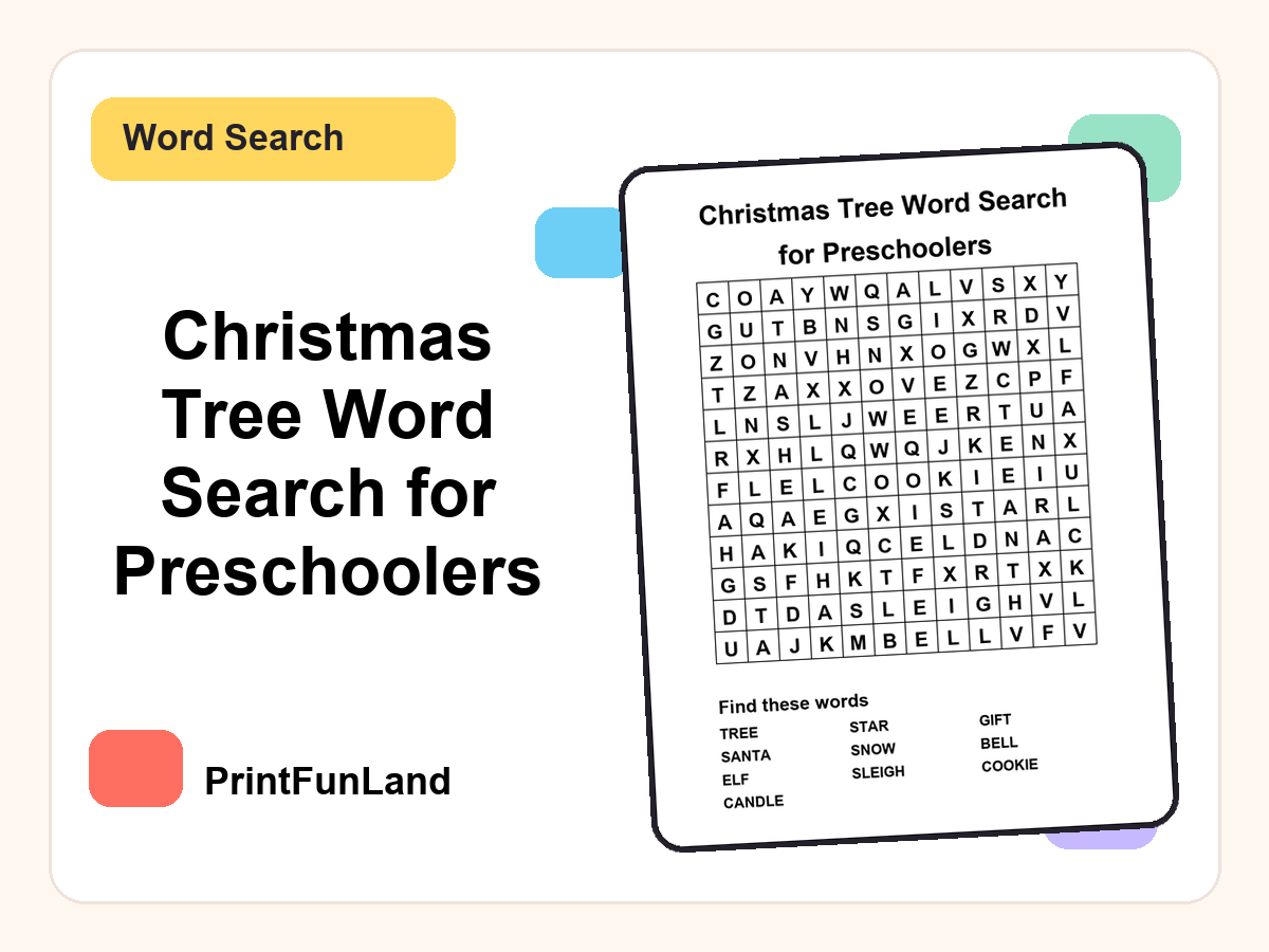Christmas Tree Word Search for Preschoolers