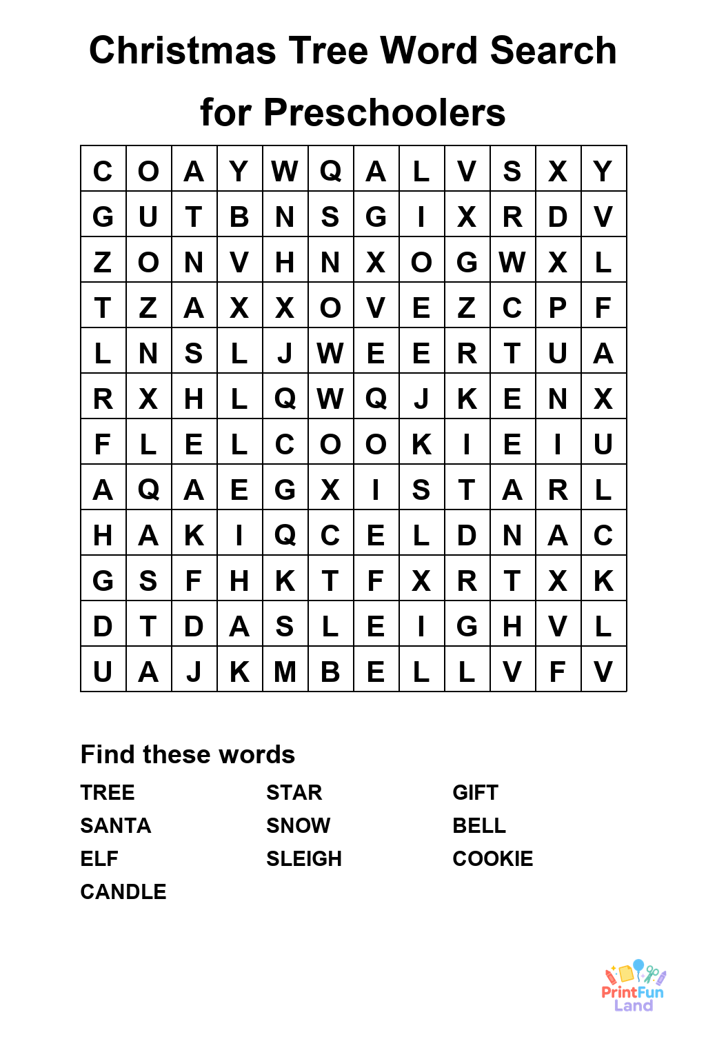 Christmas Tree Word Search for Preschoolers printable page 1