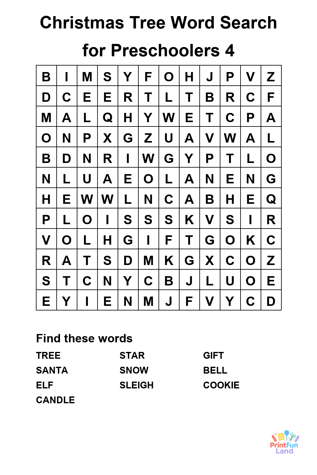 Christmas Tree Word Search for Preschoolers printable page 4