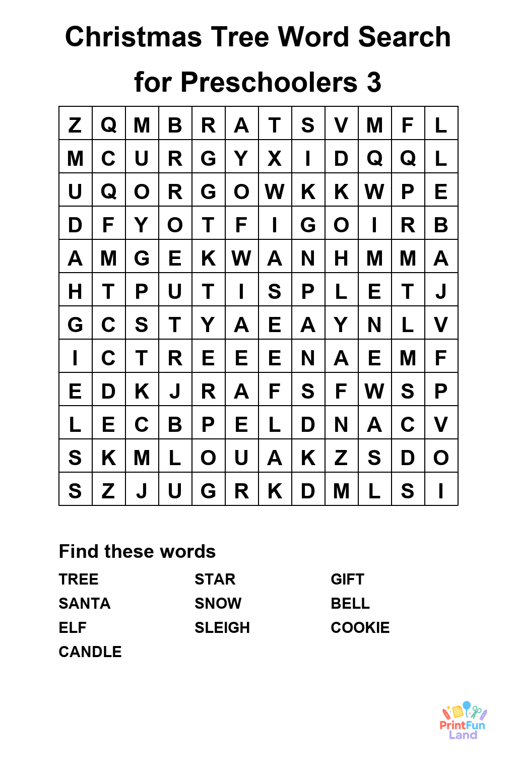 Christmas Tree Word Search for Preschoolers printable page 3