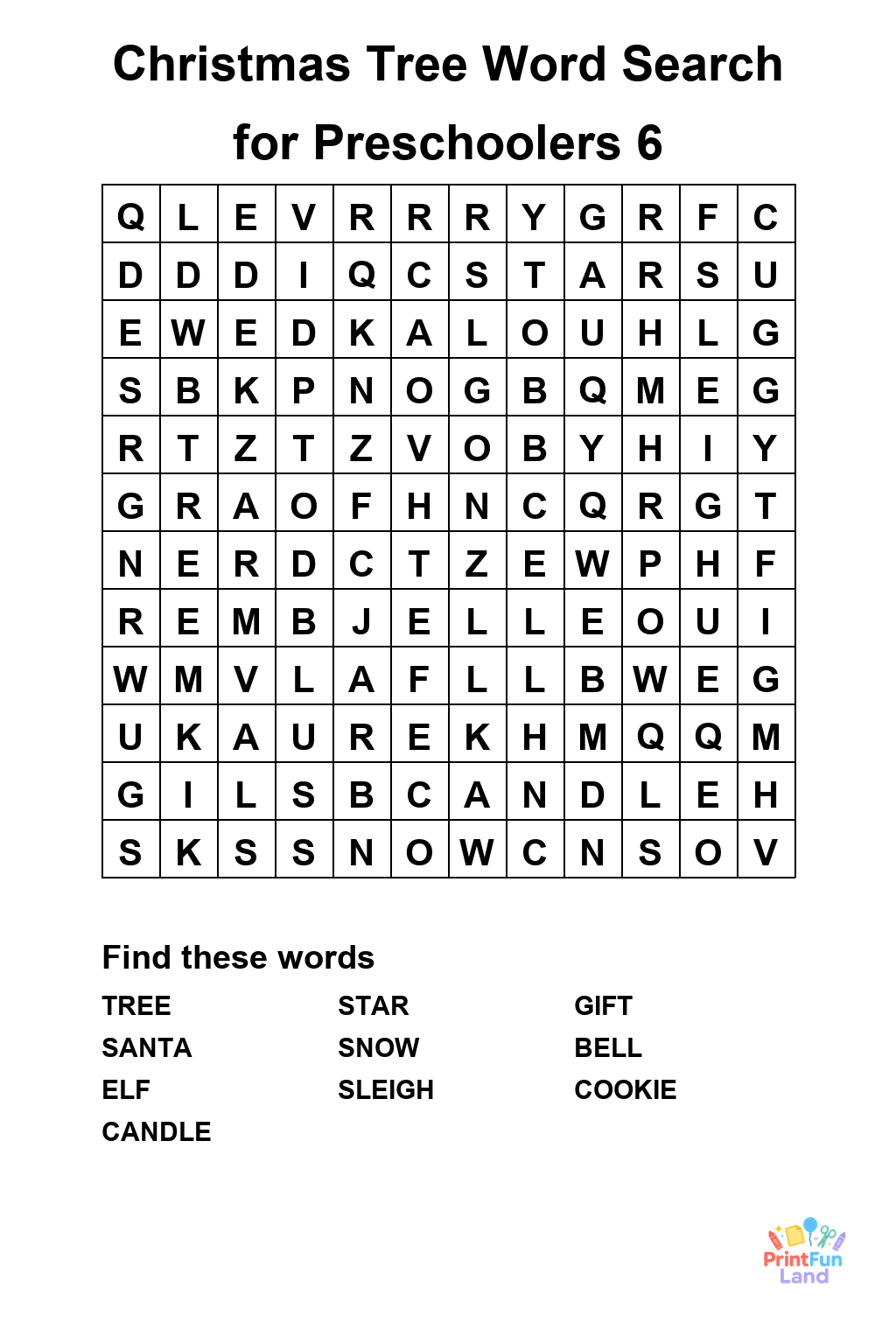 Christmas Tree Word Search for Preschoolers printable page 6