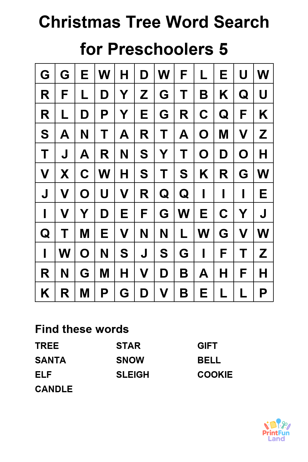 Christmas Tree Word Search for Preschoolers printable page 5