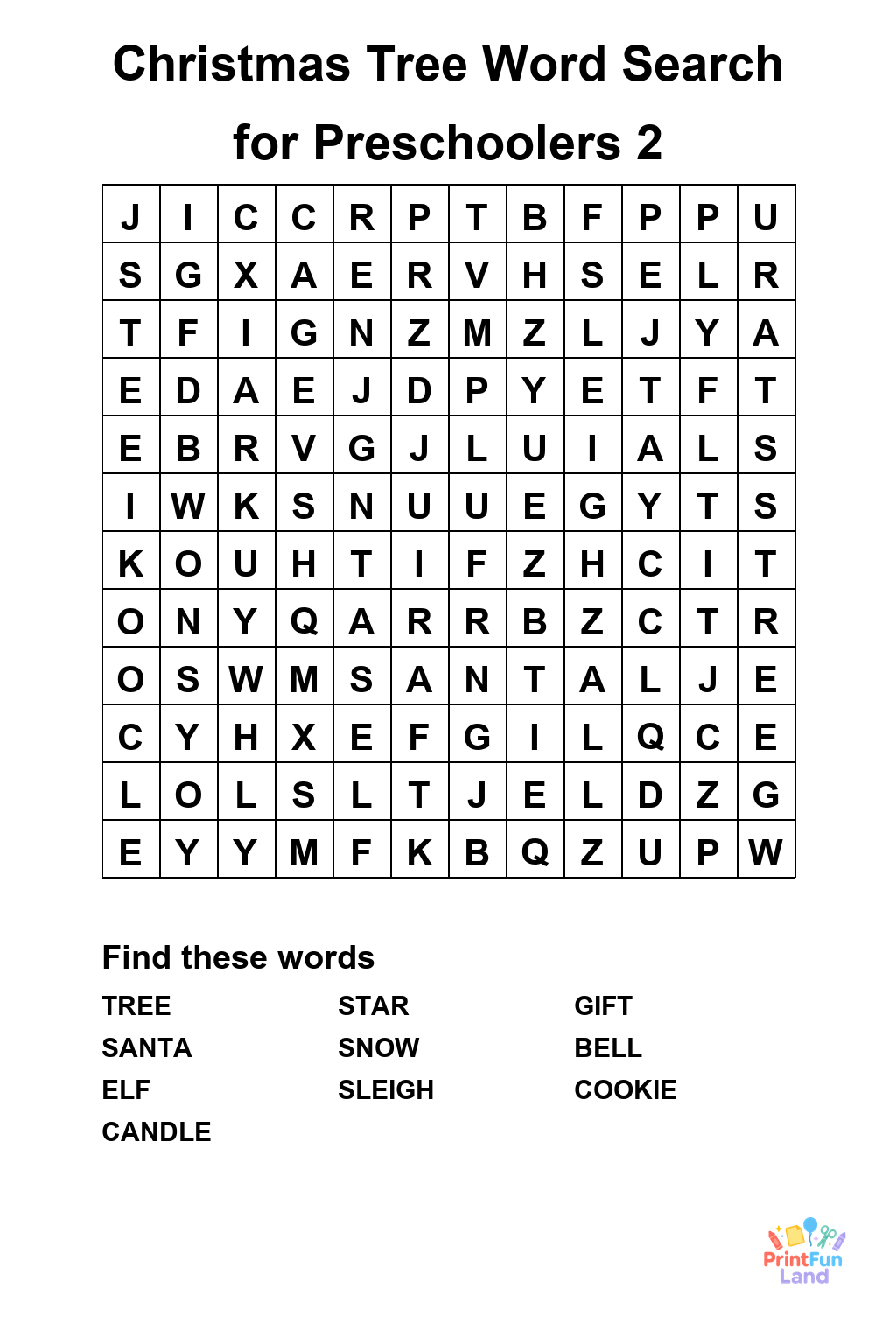 Christmas Tree Word Search for Preschoolers printable page 2