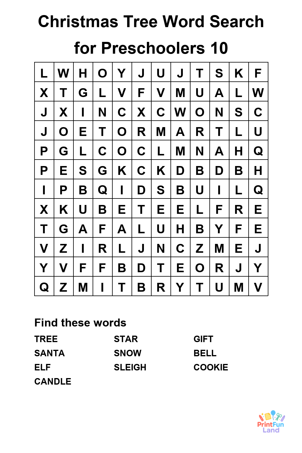 Christmas Tree Word Search for Preschoolers printable page 10
