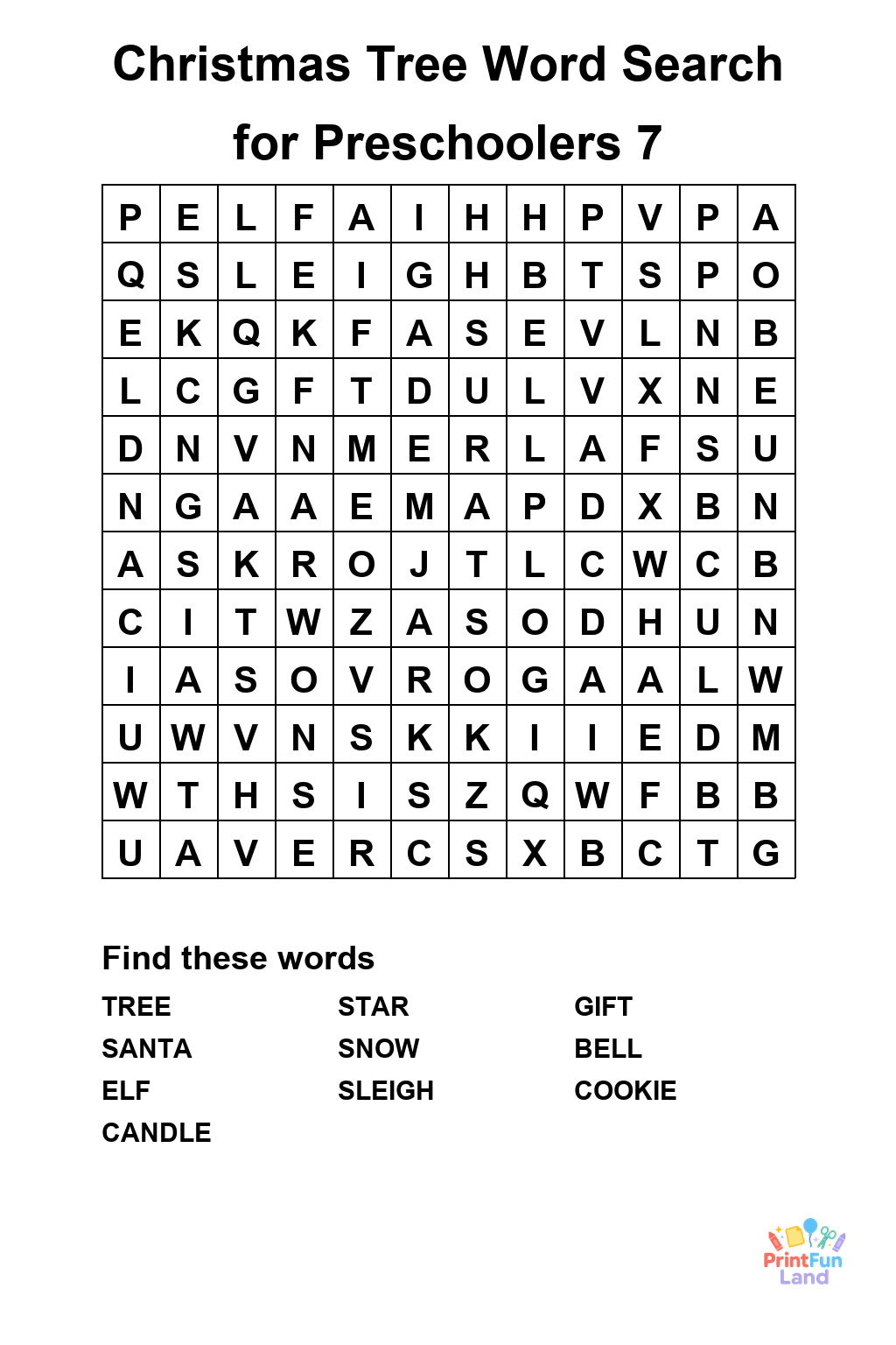 Christmas Tree Word Search for Preschoolers printable page 7