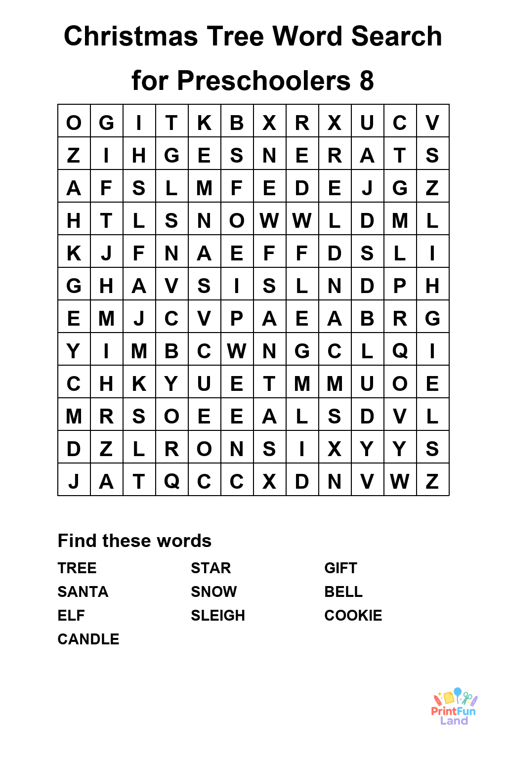 Christmas Tree Word Search for Preschoolers printable page 8