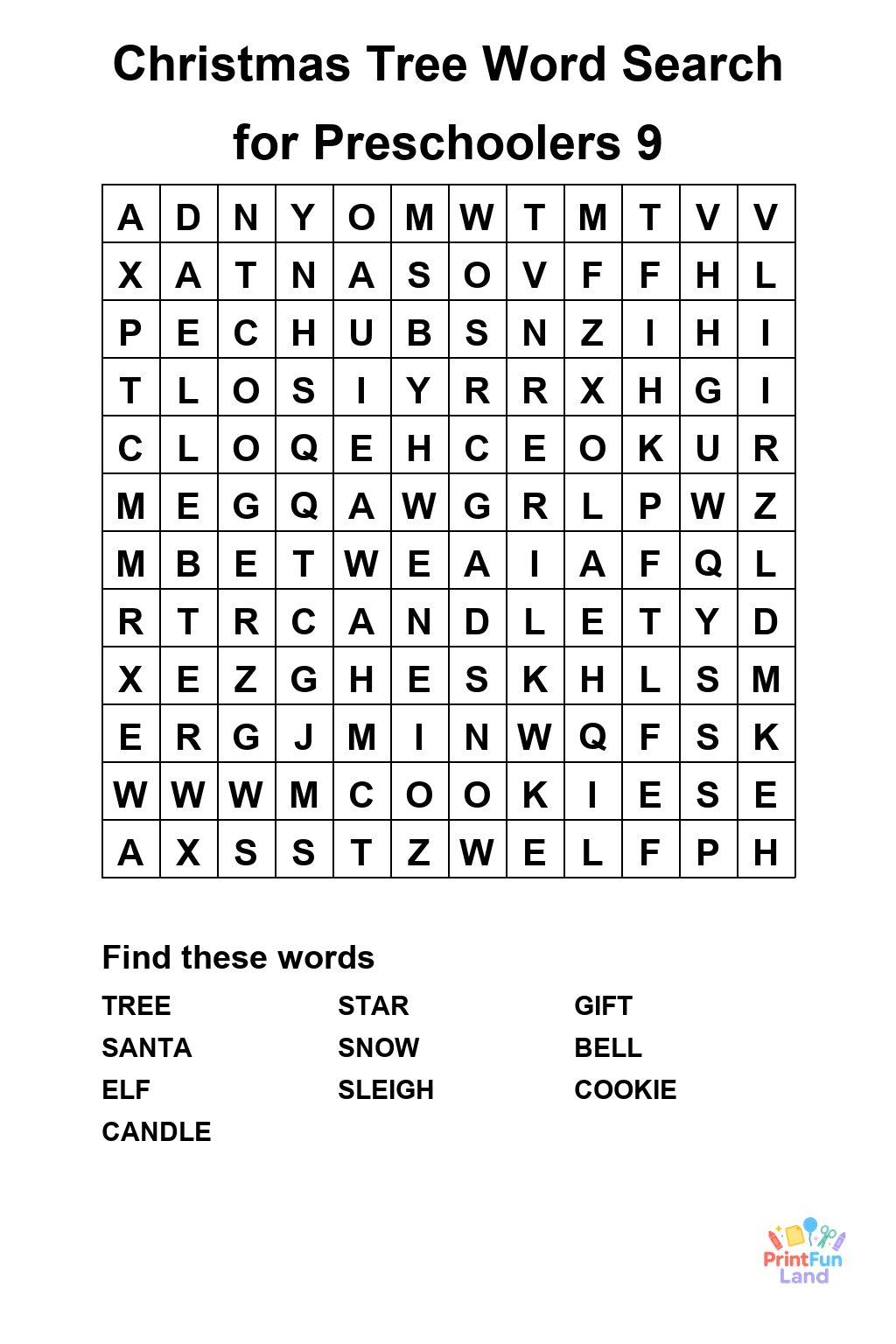 Christmas Tree Word Search for Preschoolers printable page 9