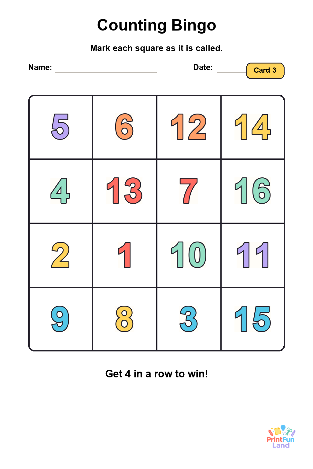 Counting Bingo for Preschoolers printable page 3