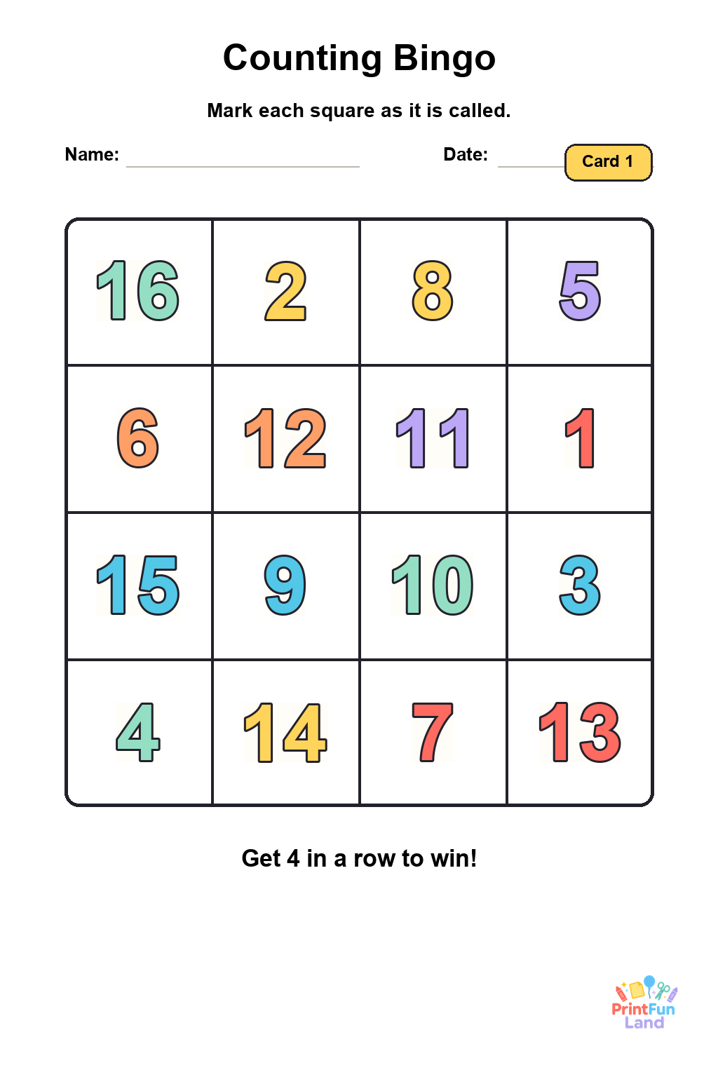 Counting Bingo for Preschoolers printable page 1
