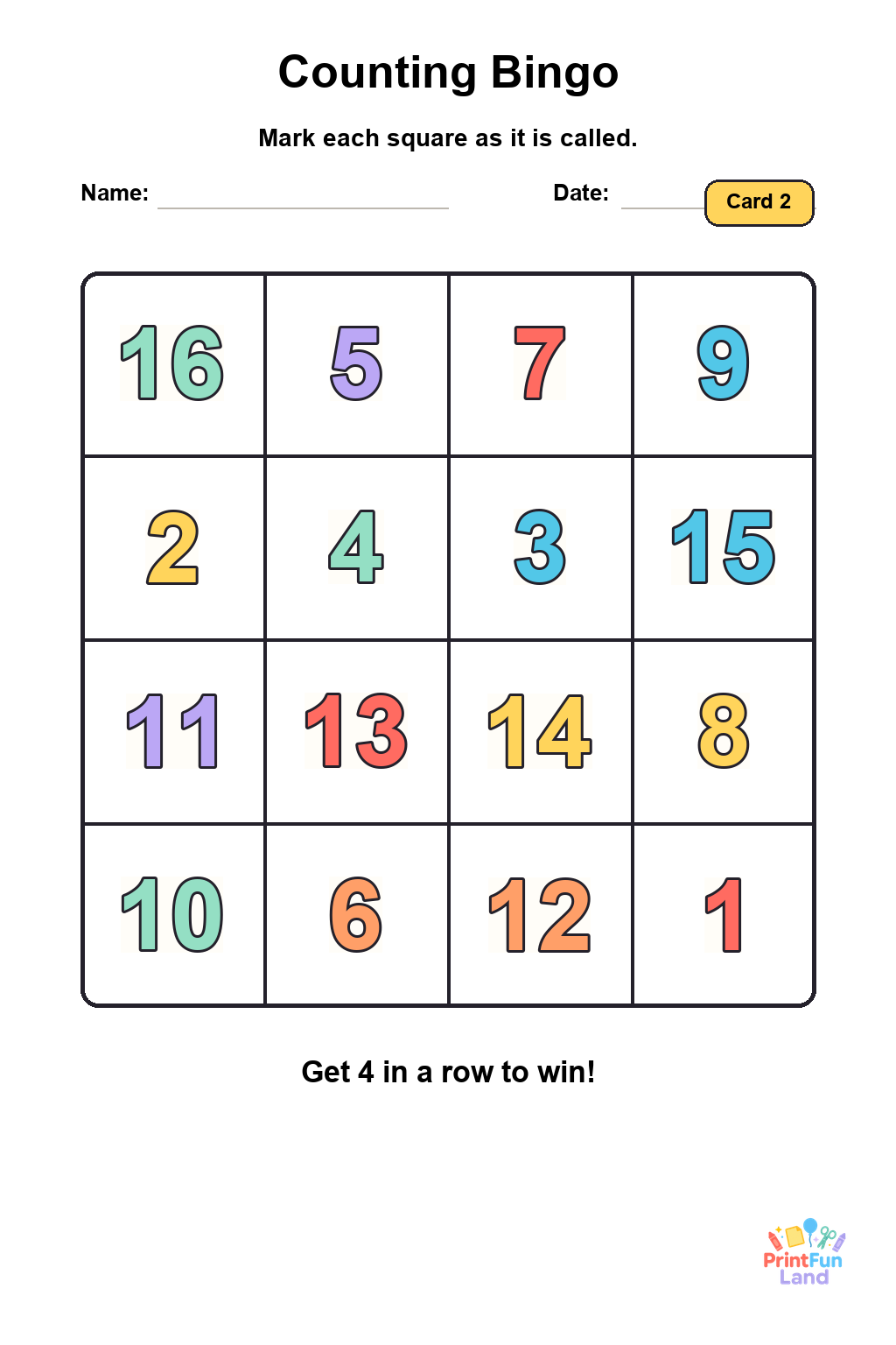 Counting Bingo for Preschoolers printable page 2