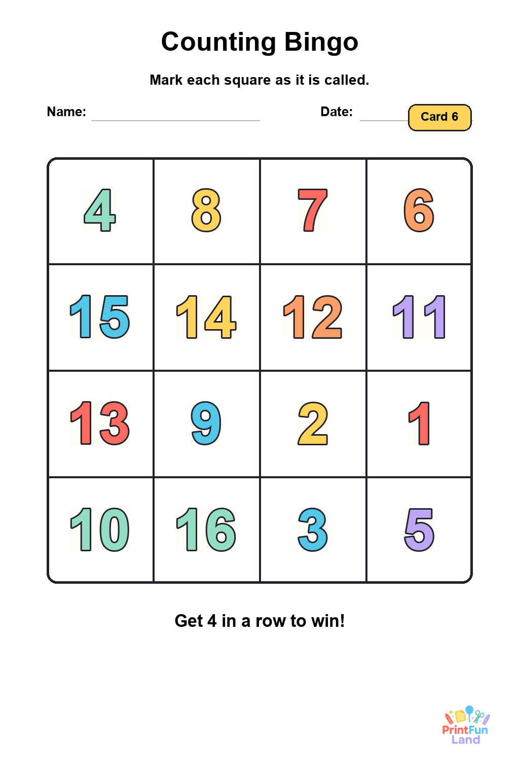Counting Bingo for Preschoolers printable page 6