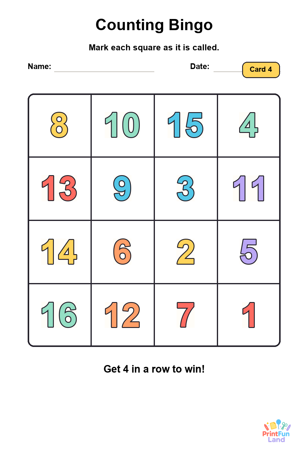 Counting Bingo for Preschoolers printable page 4