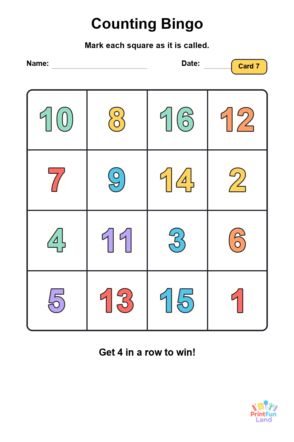 Counting Bingo for Preschoolers printable page 7