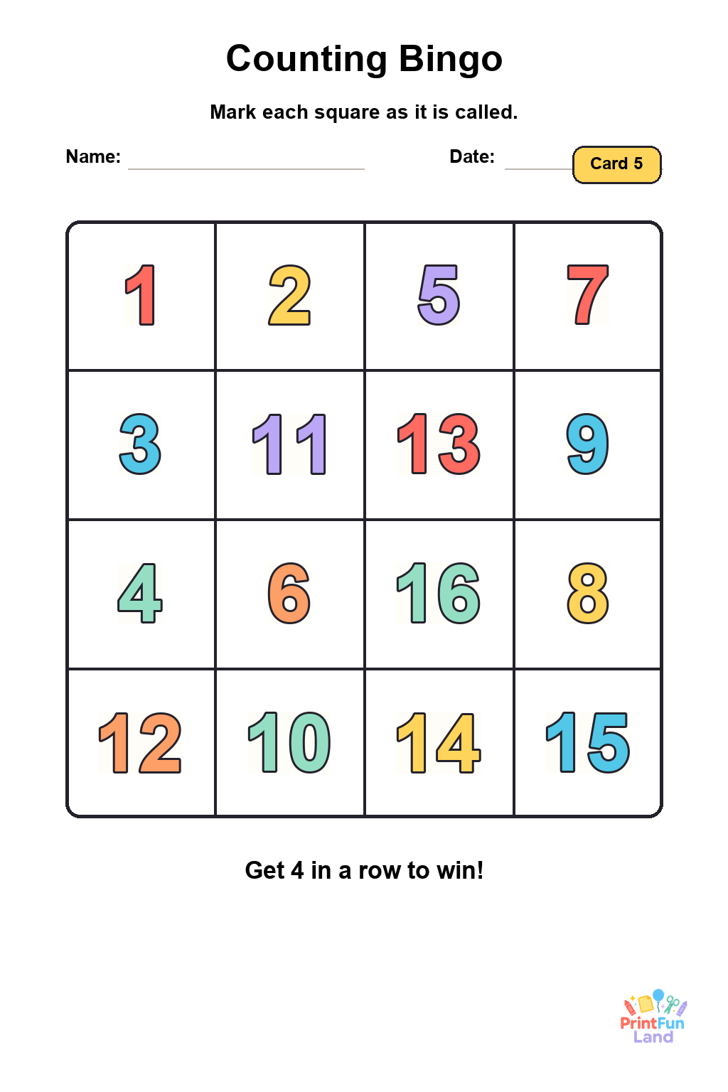Counting Bingo for Preschoolers printable page 5