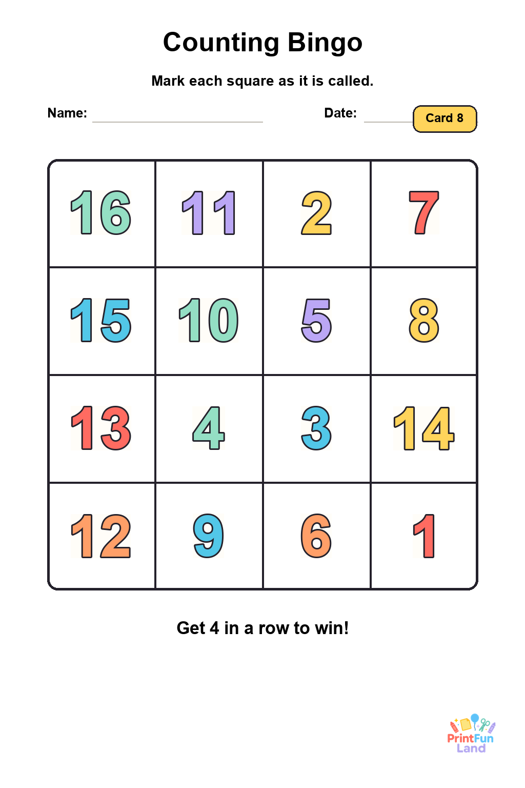 Counting Bingo for Preschoolers printable page 8