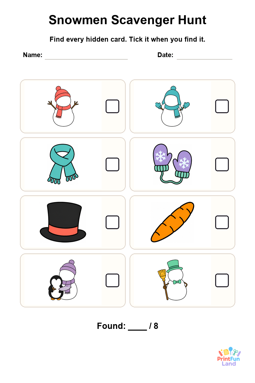 Snowmen Scavenger Hunt for Preschoolers printable page 1