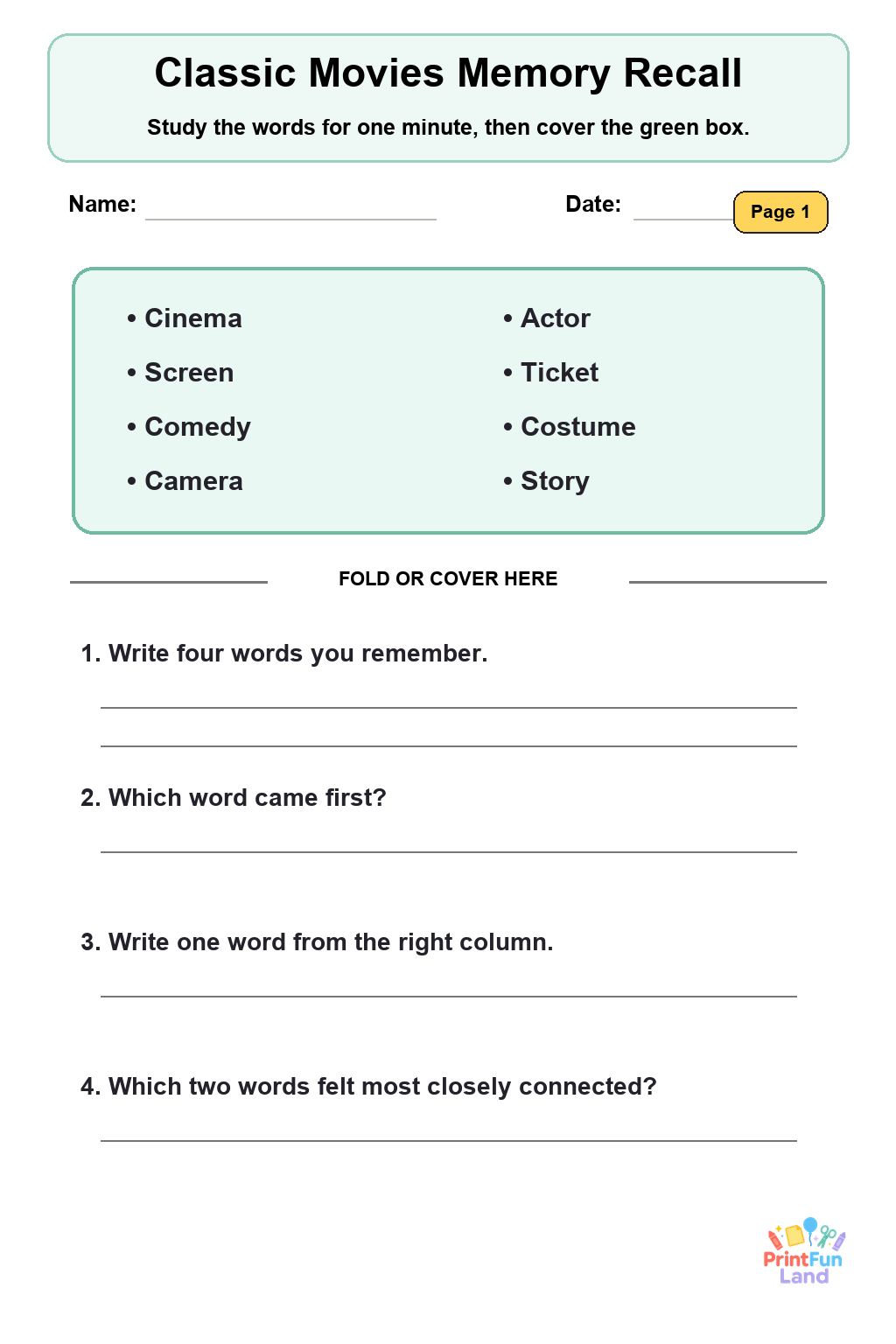 Classic Movies Senior Activity for Independent Seniors printable page 1